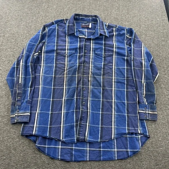 Vintage Wrangler‎ X Long Tails Button Up Shirt Mens 2XL Pearl Snap Plaid LS Blue - Picture 2 of 13